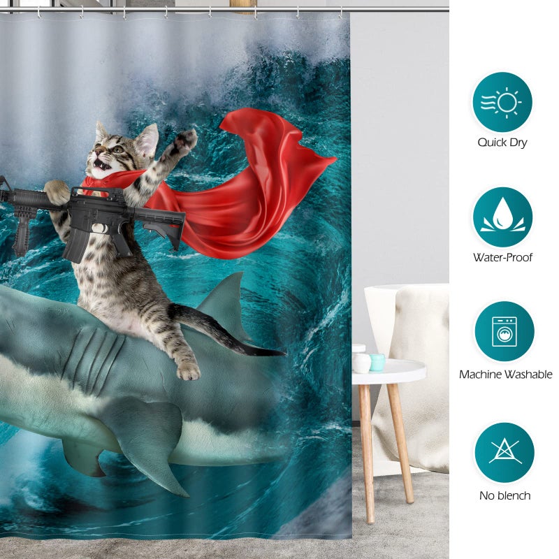 Aimego Funny Shark Cat Shower Curtain - Cute Cat Riding Shark in Ocean Fun Shower Curtains Set with 12 Hooks for Adults Bathroom Decor Accessories  72""x72""  Blue Red - Image 5