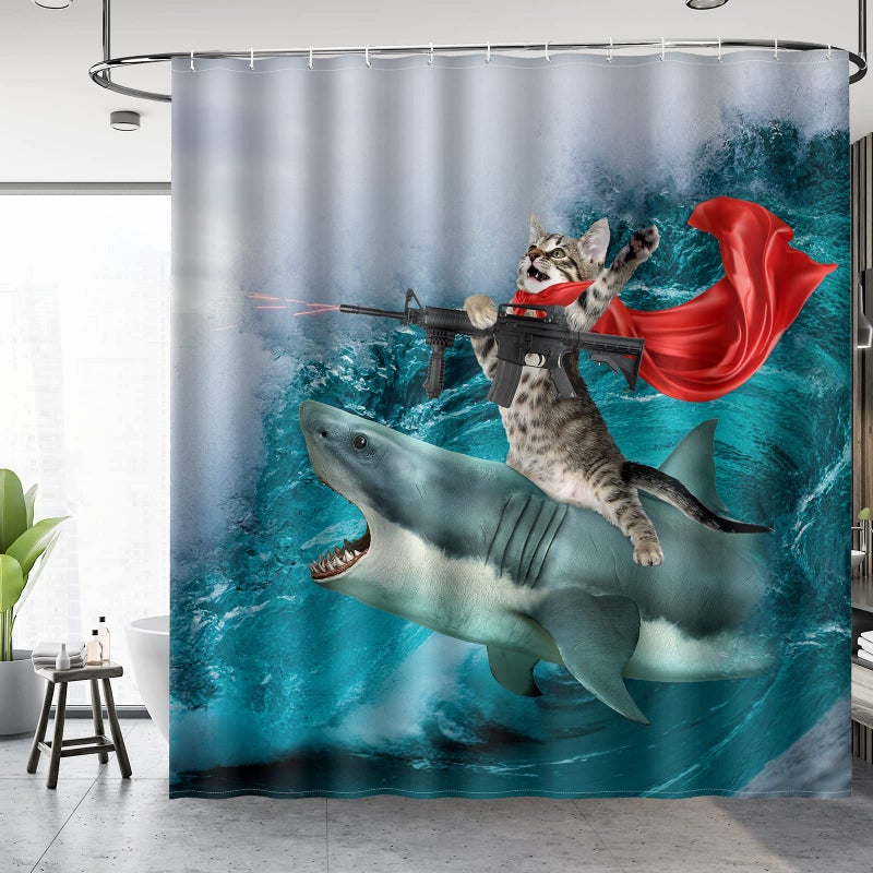 Aimego Funny Shark Cat Shower Curtain - Cute Cat Riding Shark in Ocean Fun Shower Curtains Set with 12 Hooks for Adults Bathroom Decor Accessories  72""x72""  Blue Red - Image 2