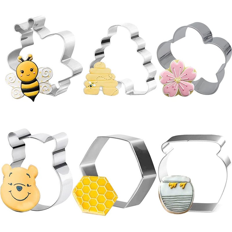 KUKIFUN 6Pack Bee Cookie Cutters Set BeehiveHoney JarWinnie the PoohFlower Shapes Stainless Steel Biscuit Molds for Honey Bee Party Baking Muffins Sandwiches Cake Fondant Birthday Decoration
