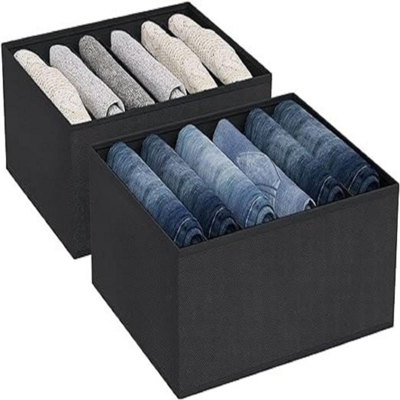 M Teaser M Teaser 7 Grid Wardrobe Closet Organizer For Clothes Almirah Drawer Storage Organiser Foldable and Stackable Jeans Sweater Dresses TShirts Organizer Box Pack of 2 Black  - Image 1