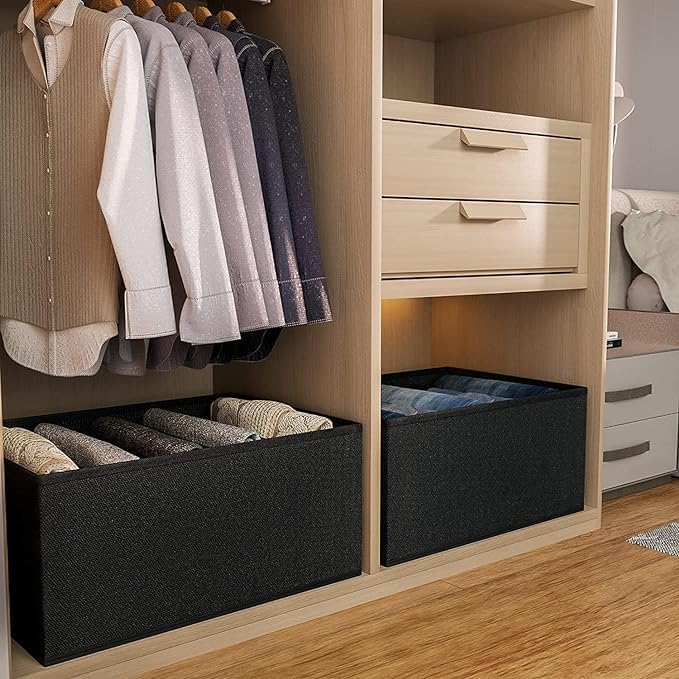 M Teaser M Teaser 7 Grid Wardrobe Closet Organizer For Clothes Almirah Drawer Storage Organiser Foldable and Stackable Jeans Sweater Dresses TShirts Organizer Box Pack of 2 Black  - Image 4