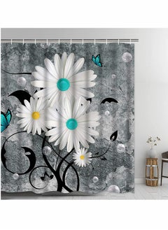 Excefore Shower Curtain Floral Butterfly White Daisy Shower Curtain for Bathroom Farmhouse Rustic Bathroom Curtain with 12 Hooks Waterproof Fabric Flower Bathroom Shower Curtains 72" x 72" (Grey)  - Image 1