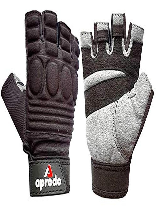 Aprodo Sports Leather Fitness Gloves Gym Workout Gloves with Padded Knuckle Protector (Pack of 1 Pair) (Black and Grey, Large) - Image 2