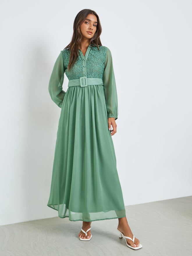 Styli Green Lace Yoke Belted Maxi Dress - Image 1