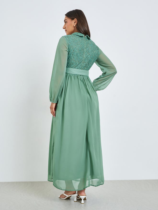 Styli Green Lace Yoke Belted Maxi Dress - Image 5