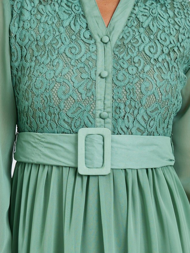 Styli Green Lace Yoke Belted Maxi Dress - Image 4