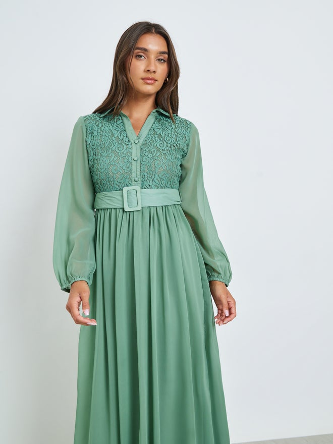 Styli Green Lace Yoke Belted Maxi Dress - Image 2