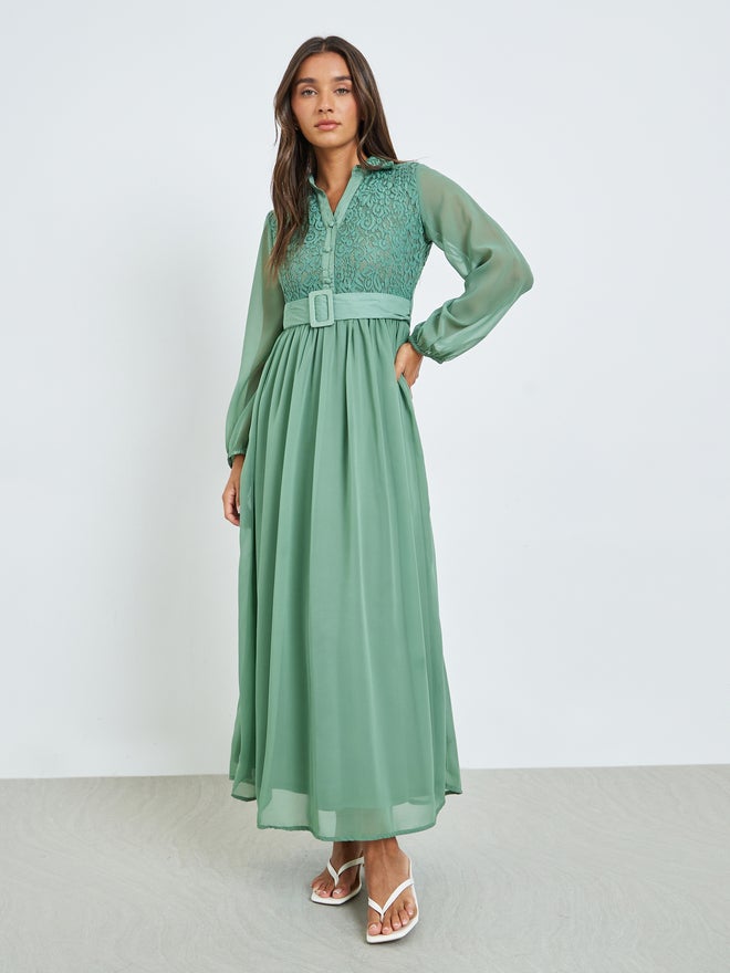 Styli Green Lace Yoke Belted Maxi Dress - Image 3
