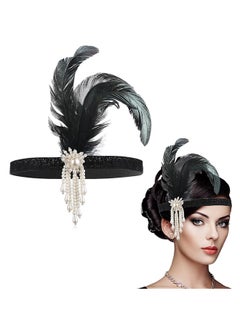 1920s Flapper Headband, Feather Headwear Headpiece Black Head Wear 1920s Fashion Bling Rhinestone Hair Accessories for Women Girls Gatsby Themes Costume Prom Party Decoration (White Beads)