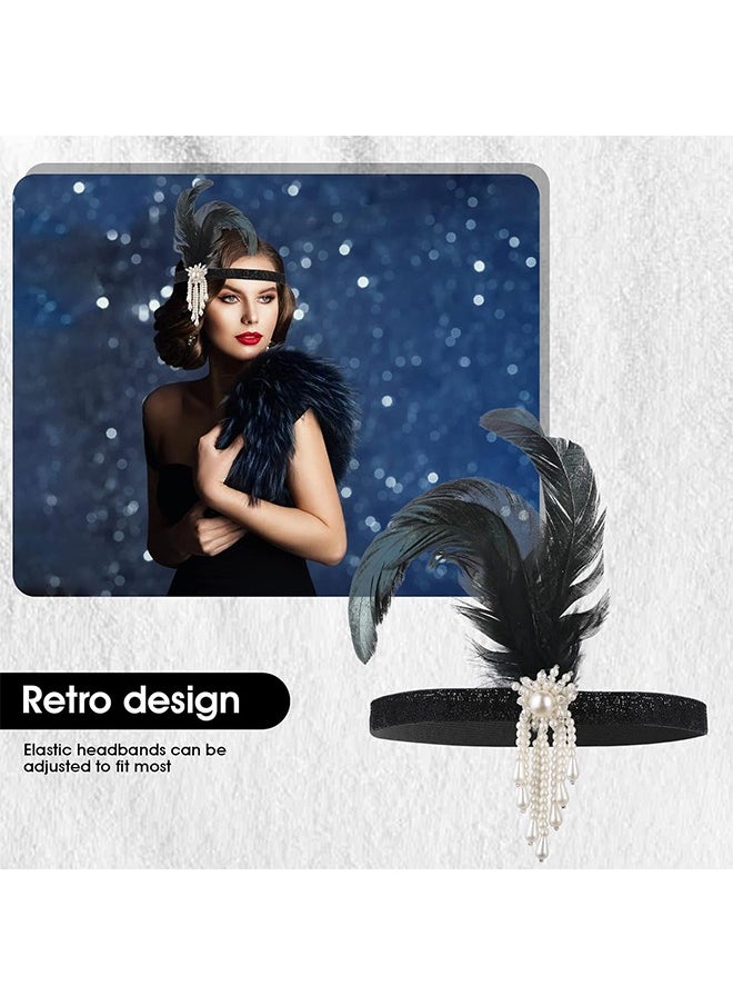 HY - 1920s Flapper Headband, Feather Headwear Headpiece Black Head Wear 1920s Fashion Bling Rhinestone Hair Accessories for Women Girls Gatsby Themes Costume Prom Party Decoration (White Beads) - Image 1