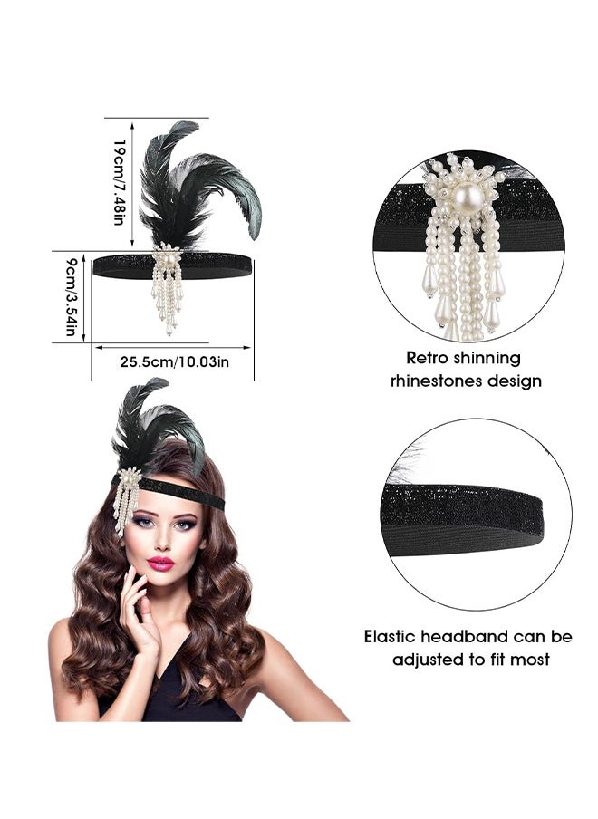 HY - 1920s Flapper Headband, Feather Headwear Headpiece Black Head Wear 1920s Fashion Bling Rhinestone Hair Accessories for Women Girls Gatsby Themes Costume Prom Party Decoration (White Beads) - Image 1