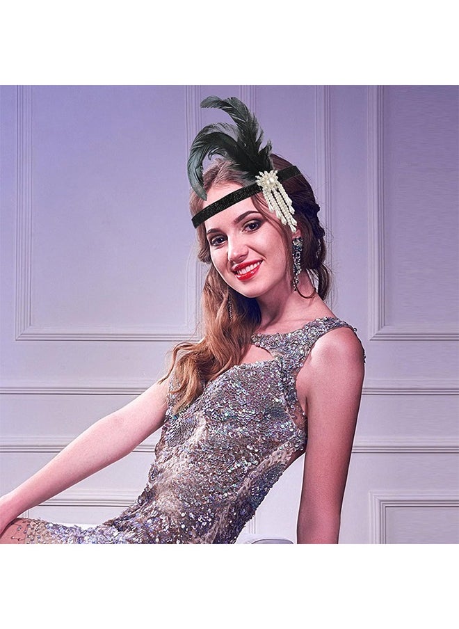 HY - 1920s Flapper Headband, Feather Headwear Headpiece Black Head Wear 1920s Fashion Bling Rhinestone Hair Accessories for Women Girls Gatsby Themes Costume Prom Party Decoration (White Beads) - Image 1