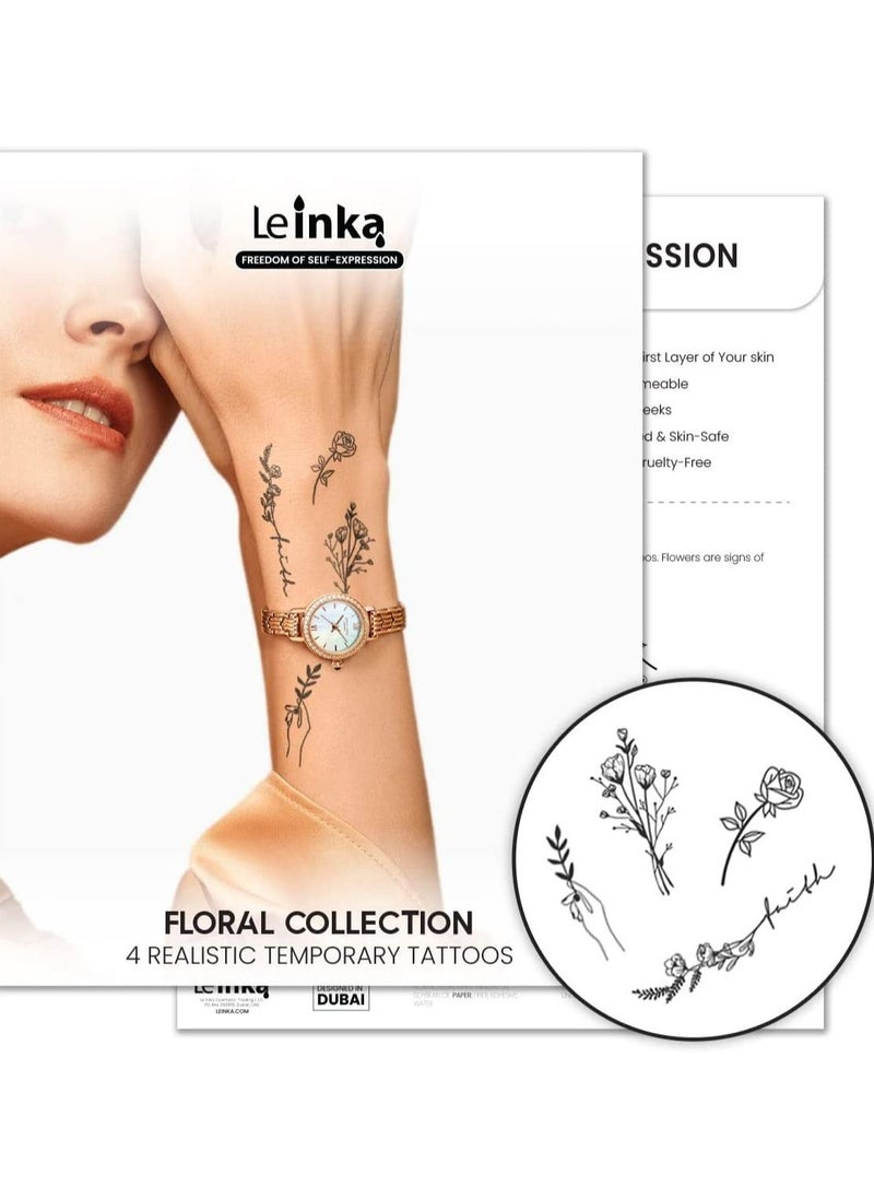 Le Inka Le Inka Temporary Tattoos Pack of 4 Water-Permeable Breathable Long Lasting Lasts 1-2 Weeks Premium Plant-Based Men & Women Floral Collection  - Image 2