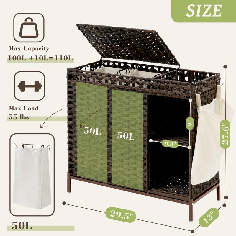 Gitelsnour Laundry Hamper with Lid, 110L (29.1 Gal) Rattan Laundry Hamper 2 Section with 50L (13.2 Gal) Storage Shelf, Wicker Woven Laundry Sorter Basket with 3 Liner Bags and Handles, Brown GLH002BR - Image 3
