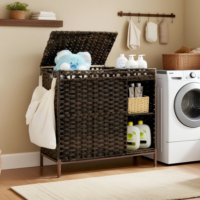 Gitelsnour Laundry Hamper with Lid, 110L (29.1 Gal) Rattan Laundry Hamper 2 Section with 50L (13.2 Gal) Storage Shelf, Wicker Woven Laundry Sorter Basket with 3 Liner Bags and Handles, Brown GLH002BR - Image 1