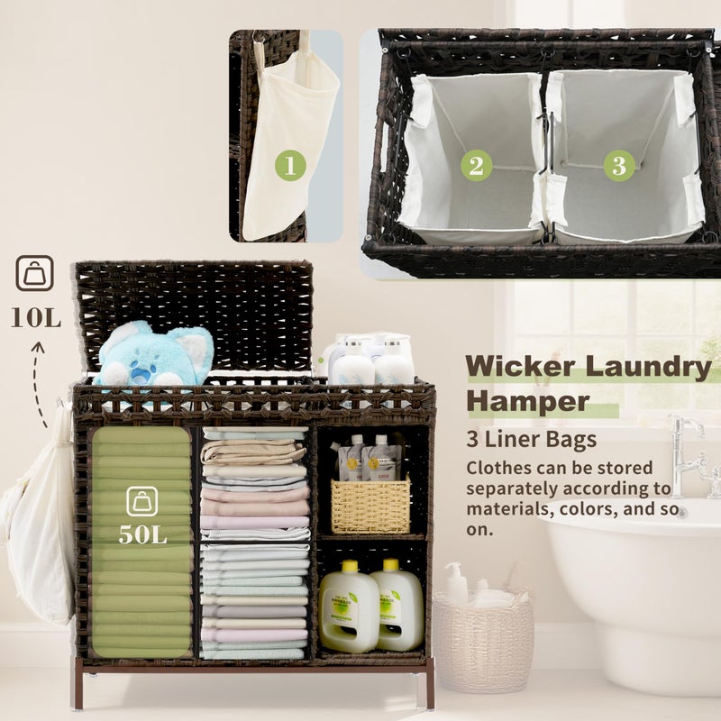 Gitelsnour Laundry Hamper with Lid, 110L (29.1 Gal) Rattan Laundry Hamper 2 Section with 50L (13.2 Gal) Storage Shelf, Wicker Woven Laundry Sorter Basket with 3 Liner Bags and Handles, Brown GLH002BR - Image 4