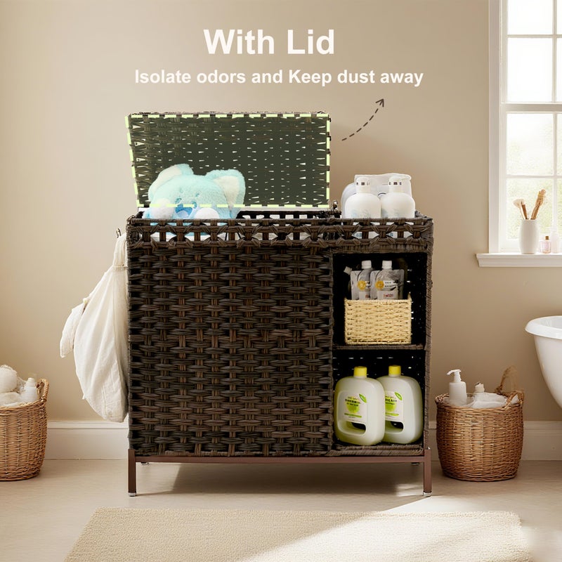 Gitelsnour Laundry Hamper with Lid, 110L (29.1 Gal) Rattan Laundry Hamper 2 Section with 50L (13.2 Gal) Storage Shelf, Wicker Woven Laundry Sorter Basket with 3 Liner Bags and Handles, Brown GLH002BR - Image 2