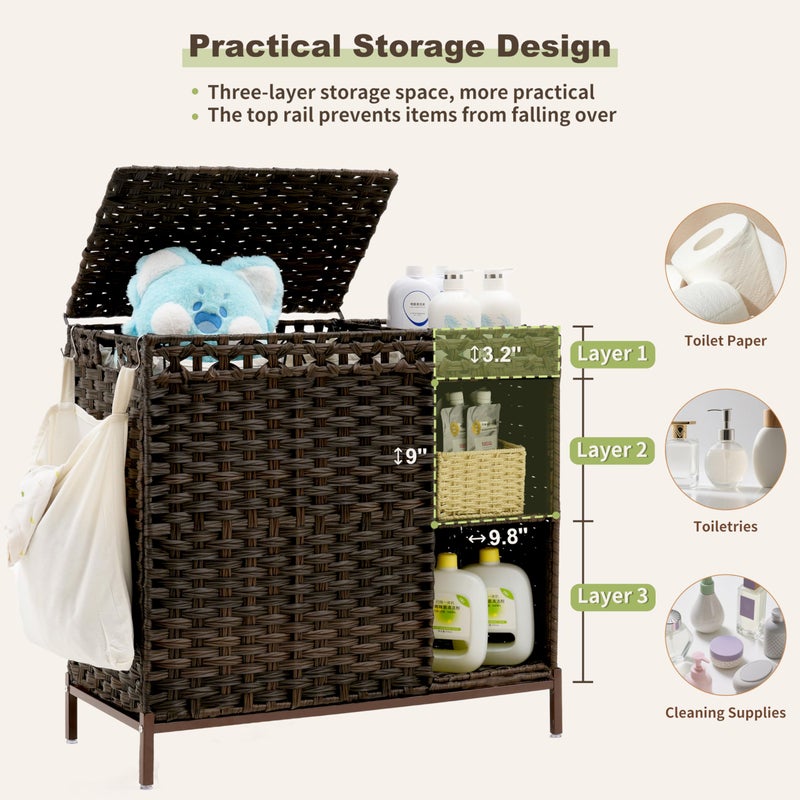 Gitelsnour Laundry Hamper with Lid, 110L (29.1 Gal) Rattan Laundry Hamper 2 Section with 50L (13.2 Gal) Storage Shelf, Wicker Woven Laundry Sorter Basket with 3 Liner Bags and Handles, Brown GLH002BR - Image 5
