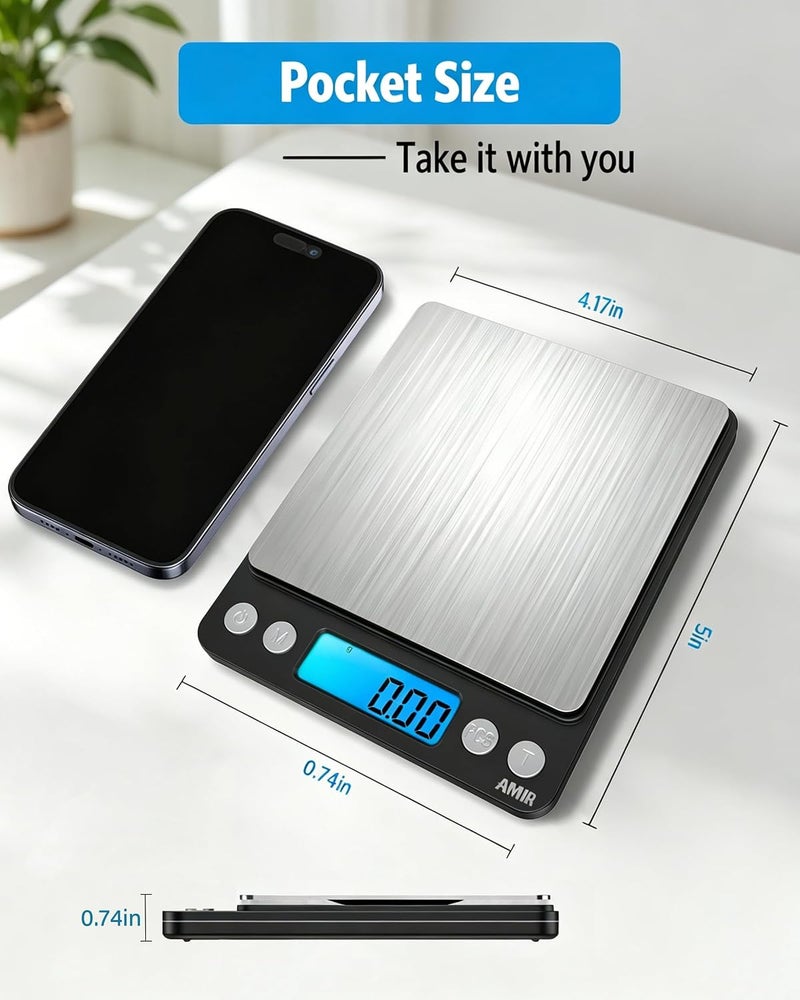 AMIR Digital Kitchen Scale 500g/ 0.01g Pro Cooking scale with Back-Lit LCD Display Accuracy Pocket Food Scale 6 Units Auto Off Tare PCS Function Stainless Steel Batteries not included (Black) - Image 5