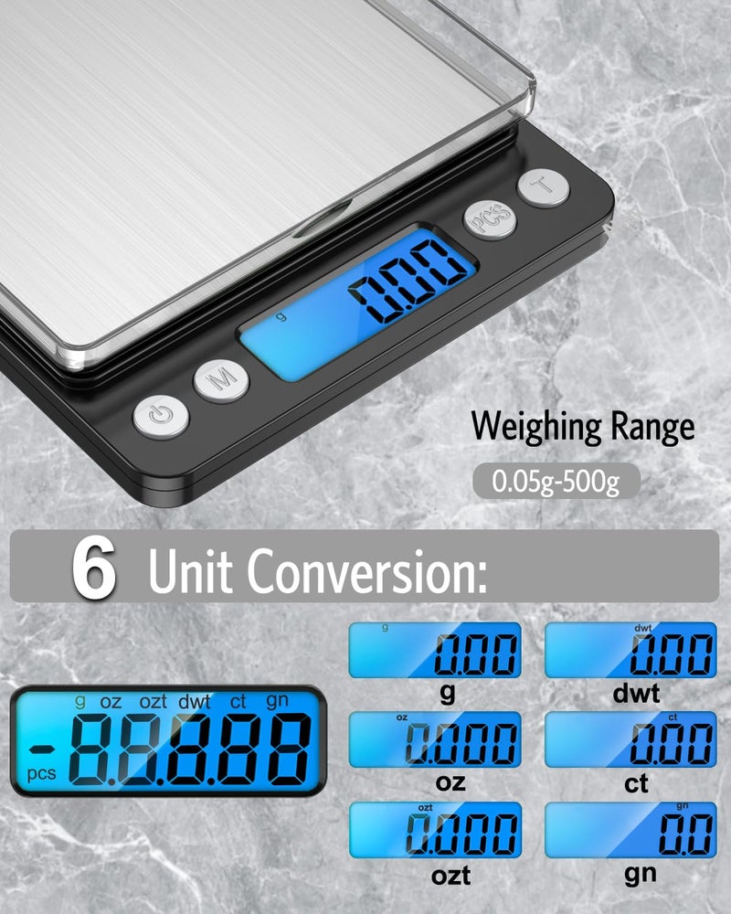 AMIR Digital Kitchen Scale 500g/ 0.01g Pro Cooking scale with Back-Lit LCD Display Accuracy Pocket Food Scale 6 Units Auto Off Tare PCS Function Stainless Steel Batteries not included (Black) - Image 4