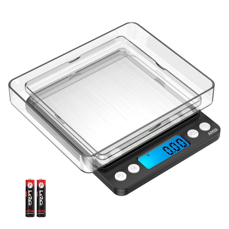 AMIR Digital Kitchen Scale 500g/ 0.01g Pro Cooking scale with Back-Lit LCD Display Accuracy Pocket Food Scale 6 Units Auto Off Tare PCS Function Stainless Steel Batteries not included (Black) - Image 1