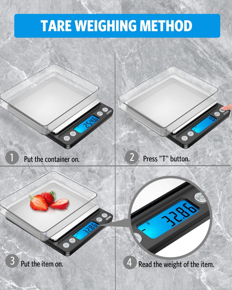 AMIR Digital Kitchen Scale 500g/ 0.01g Pro Cooking scale with Back-Lit LCD Display Accuracy Pocket Food Scale 6 Units Auto Off Tare PCS Function Stainless Steel Batteries not included (Black) - Image 2