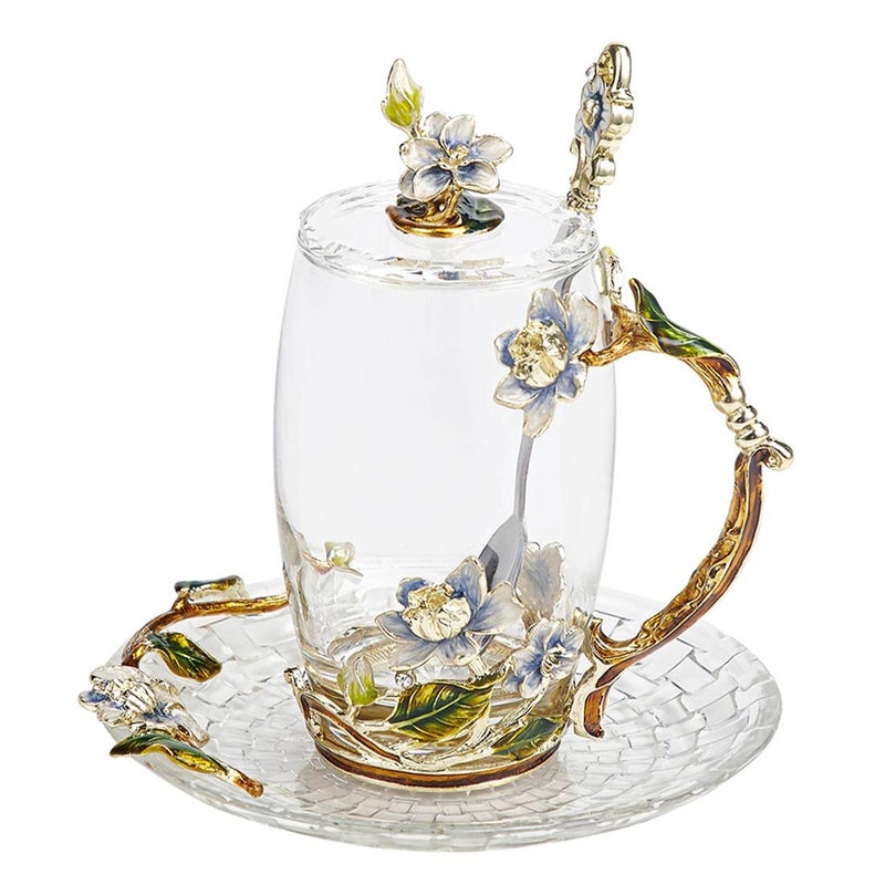 LANTREE Unique Tea Cups Mothers Day Gift Enamels Flower Glass Coffee Mug with Spoon Jasmine Cups Birthday Christmas Gift for Women 12oz