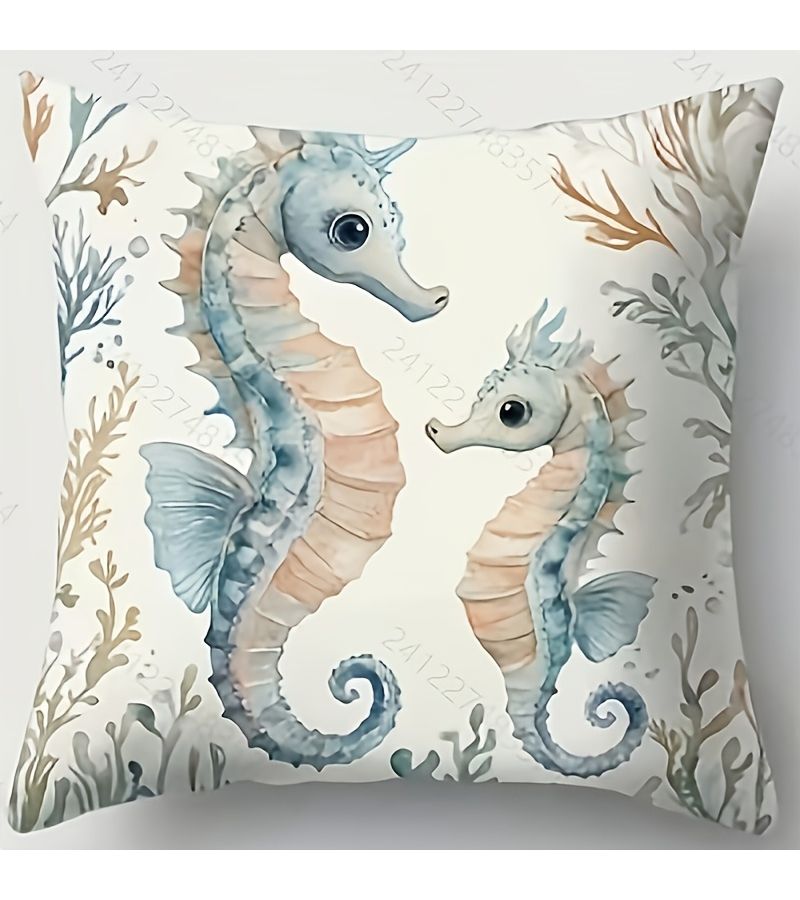 4Pcs Light Blue Ocean Theme Pillow Covers Seahorse Shell 15.75x15.75 Inch Polyester - Image 2