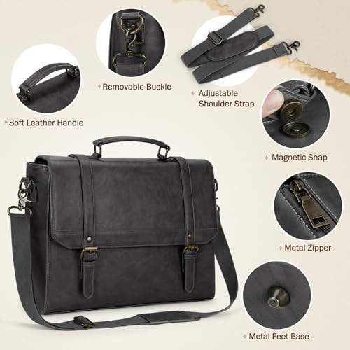 IGOLUMON Messenger Bag for Men 15.6 inch Vintage Leather Waterproof Laptop Briefcase Large Computer Laptop Bag Leather Satchel Bag Retro Shoulder Bag, Grey - Image 4