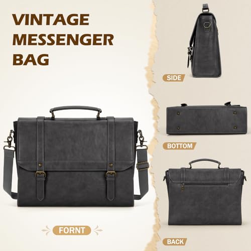 IGOLUMON Messenger Bag for Men 15.6 inch Vintage Leather Waterproof Laptop Briefcase Large Computer Laptop Bag Leather Satchel Bag Retro Shoulder Bag, Grey - Image 5