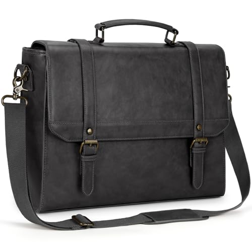 IGOLUMON Messenger Bag for Men 15.6 inch Vintage Leather Waterproof Laptop Briefcase Large Computer Laptop Bag Leather Satchel Bag Retro Shoulder Bag, Grey - Image 1