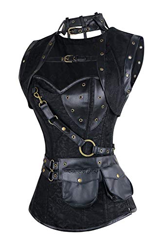 Charmian Women's Retro Goth Spiral Steel Boned Brocade Steampunk Bustiers Corset with Jacket and Belt Black Medium - Image 2
