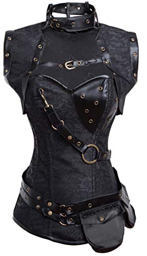 Charmian Women's Retro Goth Spiral Steel Boned Brocade Steampunk Bustiers Corset with Jacket and Belt Black Medium - Image 1