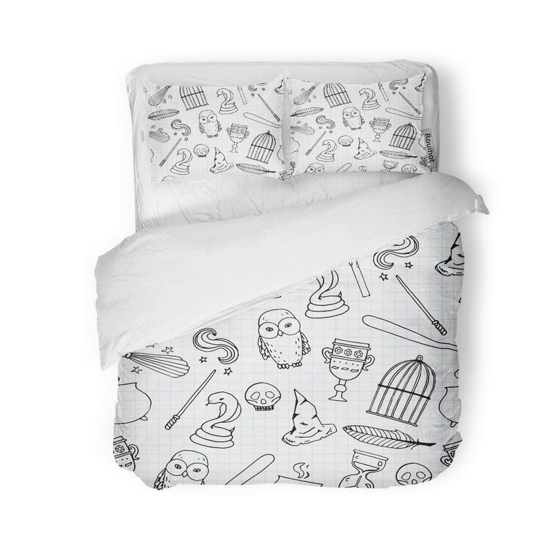 rouihot Duvet Cover Set QueenFull Size Potter Different Witch Equipment Harry Pattern Birdcage Magic Wand 3 Piece Microfiber Fabric Decor Bedding Sets for Bedroom