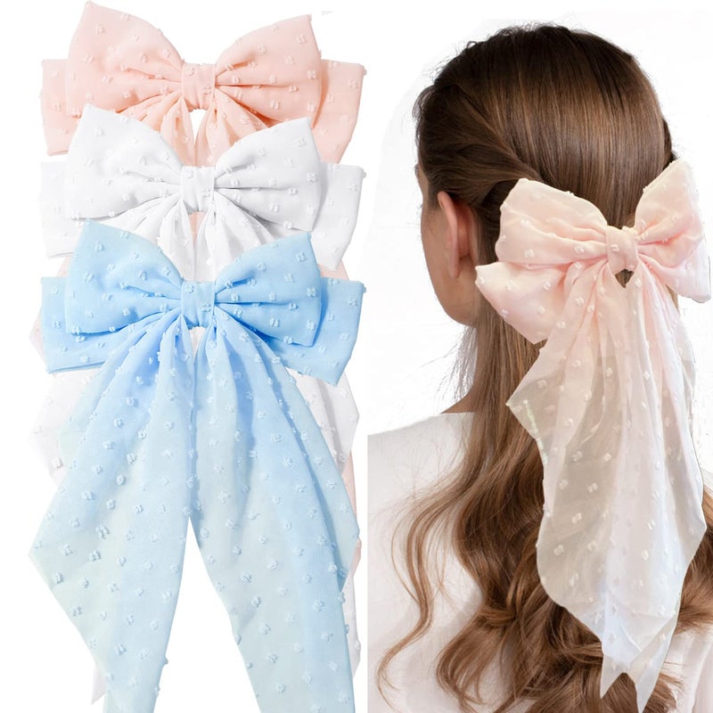 LAPOHI 3 Pieces Large Hair Bows with Long Tail for Women and Girls - Big Plain Color Bowknot Barrettes in Bright Colors - Image 1