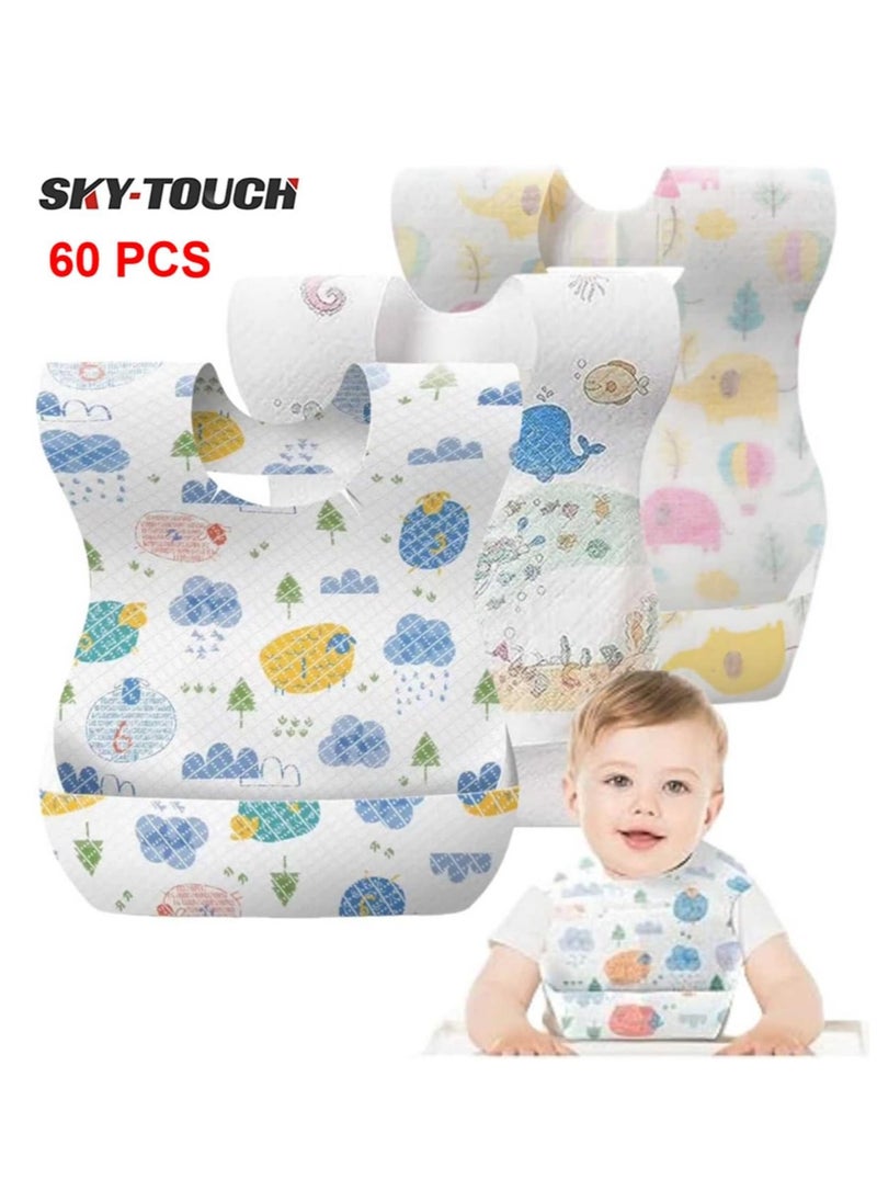 SKY-TOUCH Disposable Baby Bibs 60pcs, Portable Waterproof Bib with Crumb Catcher for Girls and Boys, Individually Packaged Suitable for traveling and outing, Baby Bibs Travel Essential  - Image 1