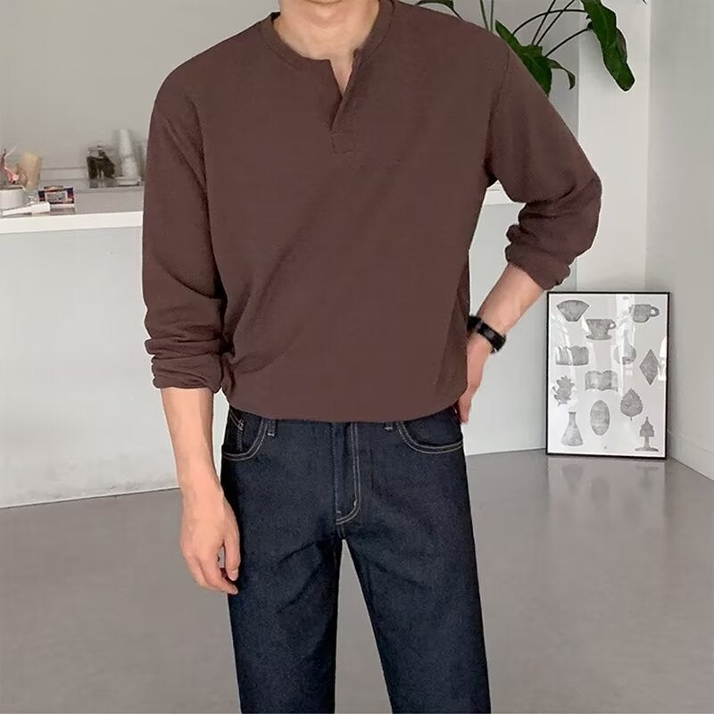 Autumn and Winter V-neck Design Solid Color Long Sleeve Fashionable Threaded Top Casual Base Shirt Fitness Training Quick-drying Men's T-shirt