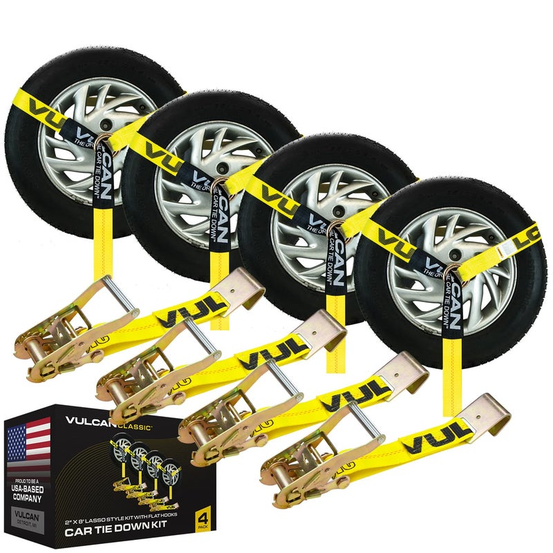 VULCAN Car Tie Down with Flat Hooks - Lasso Style - 2 Inch x 96 Inch - 4 Pack - Classic Yellow - 3,300 Pound Safe Working Load - Image 1