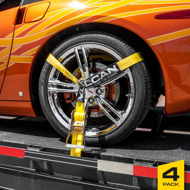 VULCAN Car Tie Down with Flat Hooks - Lasso Style - 2 Inch x 96 Inch - 4 Pack - Classic Yellow - 3,300 Pound Safe Working Load - Image 2