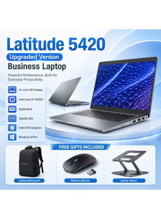 لابتوب أعمال Latitude 5420 بشاشة 14 بوصة HD ومعالج Core i5-1145G7 وذاكرة 16 جيجابايت وSSD 256 جيجابايت ورسوميات Intel UHD مع Windows 10 Pro وهدايا مجانية - Image 1