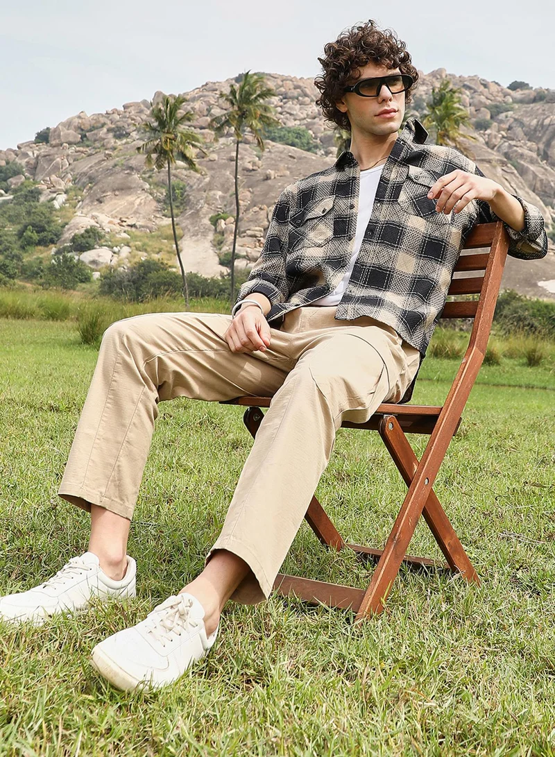 Campus Sutra Men's Raven Black & Sand Beige Buffalo Check Utility Shirt
