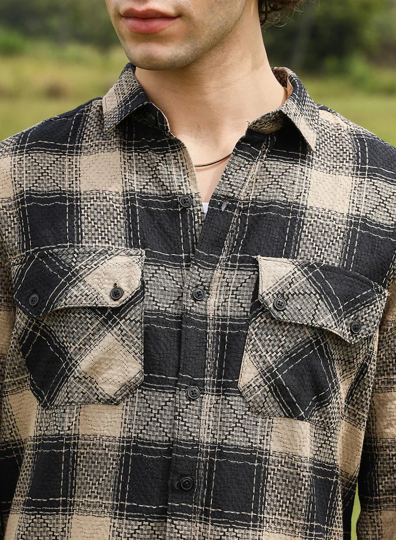 Campus Sutra Men's Raven Black & Sand Beige Buffalo Check Utility Shirt