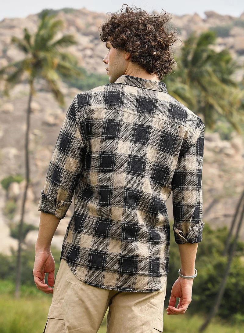 Campus Sutra Men's Raven Black & Sand Beige Buffalo Check Utility Shirt