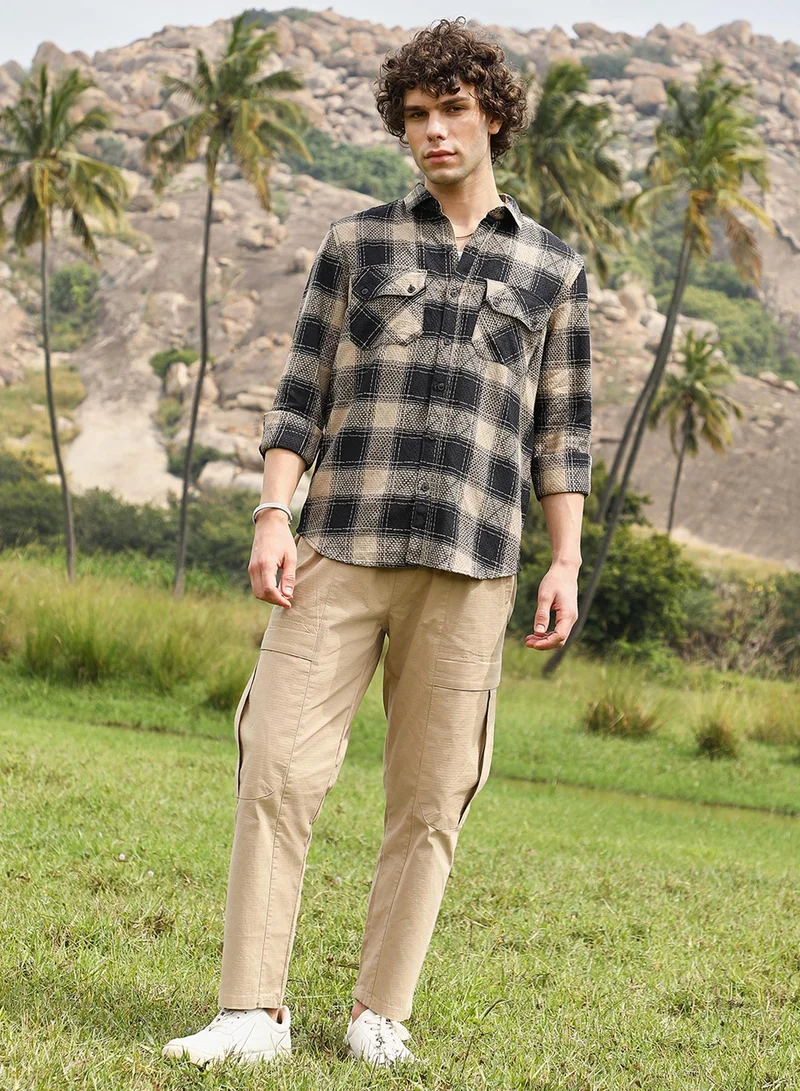 Campus Sutra Men's Raven Black & Sand Beige Buffalo Check Utility Shirt