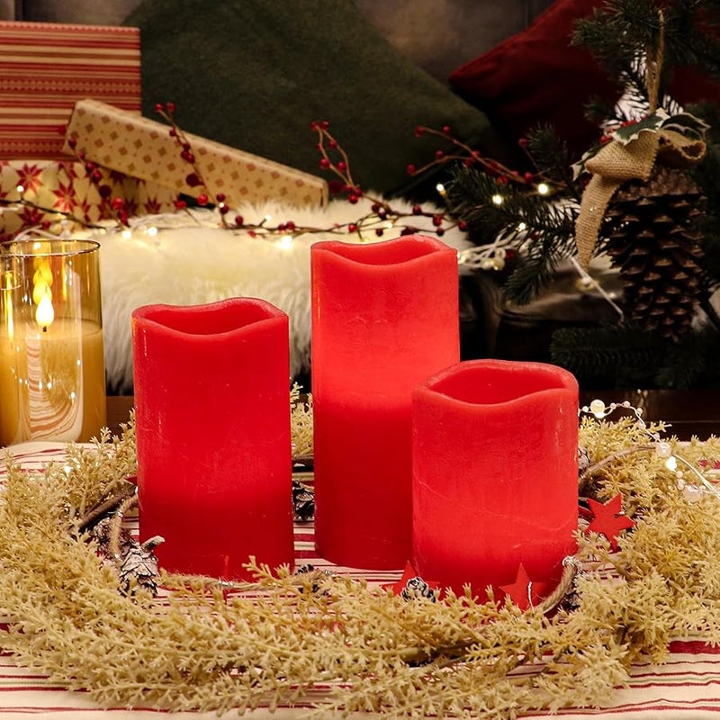 Rhytsing Red Battery Operated Candle with Timer, Flameless Led Candle Gift Set, Warm White Light, Distressed Wax Finished, Batteries Included - Set of 3 - Image 4