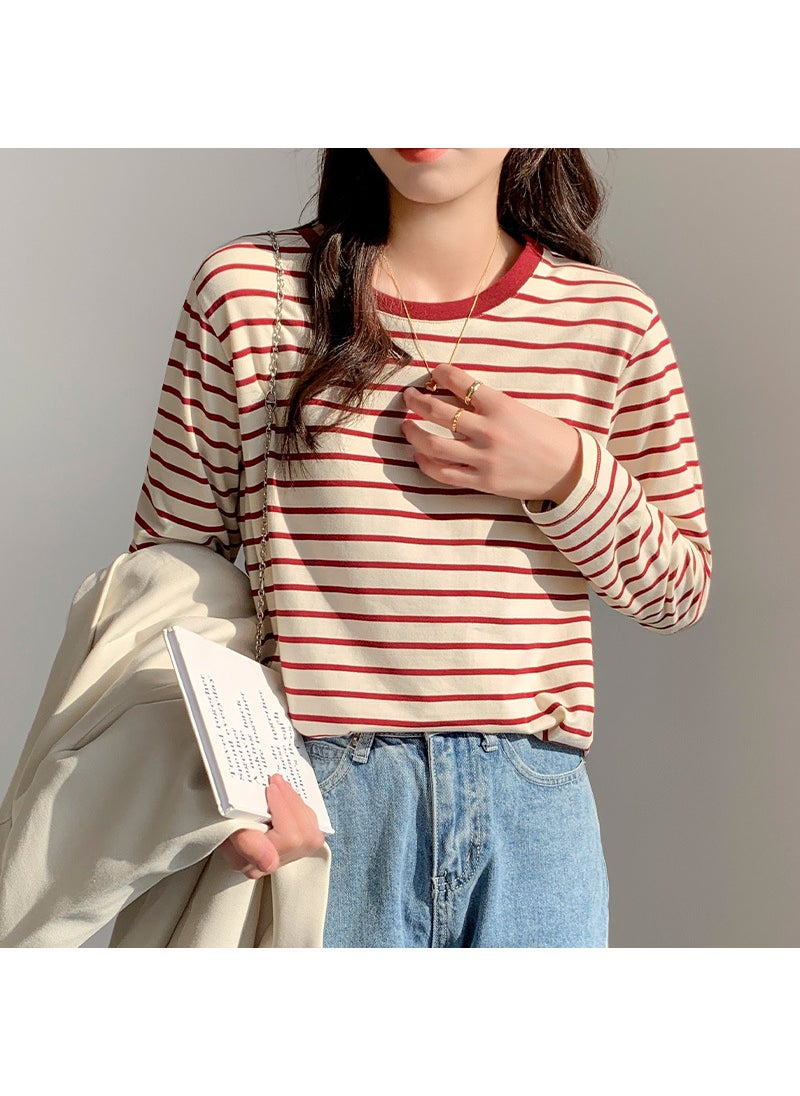 Generic Green Striped Base Layer Top Womens Loose-fit Inner Long Sleeve T-shirt Top New Spring Autumn 2024 Fashion Dress red stripe  - Image 1