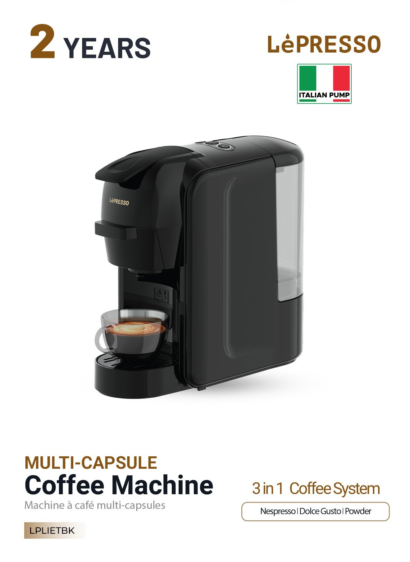 LePRESSO Lieto 3 in 1 Multi-Capsule Coffee Machine 0.6L Capacity, Compatible with Nespresso, Dolce Gusto & Powder Coffee, 19 Bar Pump, High Power, Efficient Brew Coffee Maker- Black 