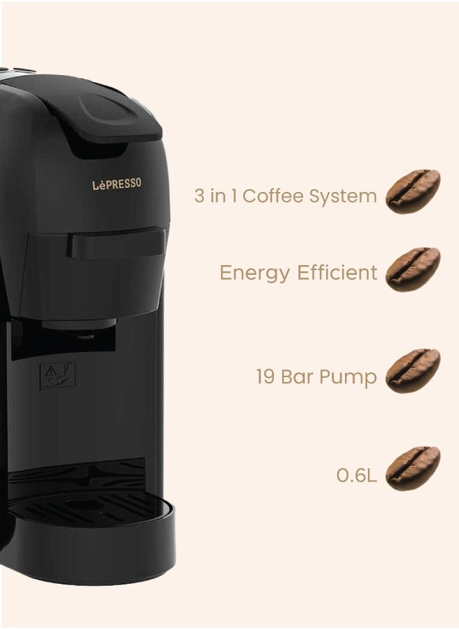 LePRESSO - Lieto 3 in 1 Multifunction Capsule Coffee Machine 0.6L Capacity, Compatible with Nespresso, Dolce Gusto & Powder Coffee, 19 Bar Pump, High Power, Efficient Brew Coffee Maker- Black - Image 1
