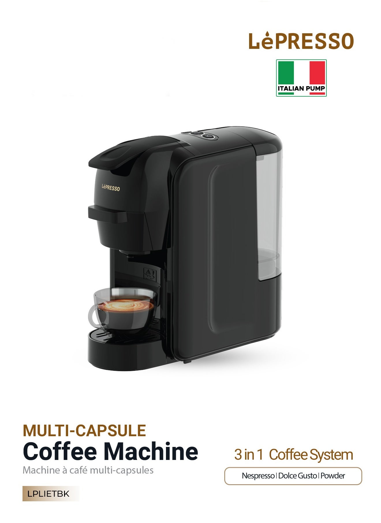 LePRESSO Lieto 3 in 1 Multi-Capsule Coffee Machine 0.6L Capacity, Compatible with Nespresso, Dolce Gusto & Powder Coffee, 19 Bar Pump, High Power, Efficient Brew Coffee Maker- Black 