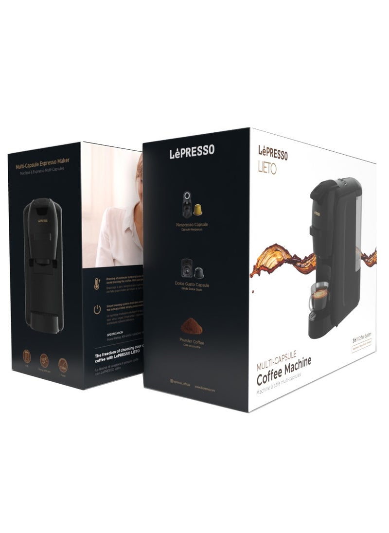 LePRESSO - Lieto 3 in 1 Multifunction Capsule Coffee Machine 0.6L Capacity, Compatible with Nespresso, Dolce Gusto & Powder Coffee, 19 Bar Pump, High Power, Efficient Brew Coffee Maker- Black - Image 1